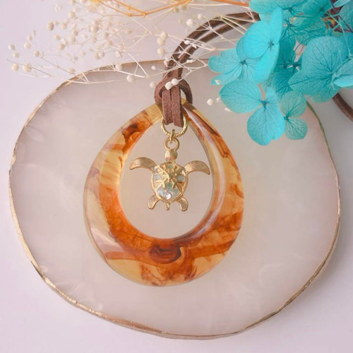 No.1606】UVレジン ターコイズグリーン 天然石 海亀 ネックレス