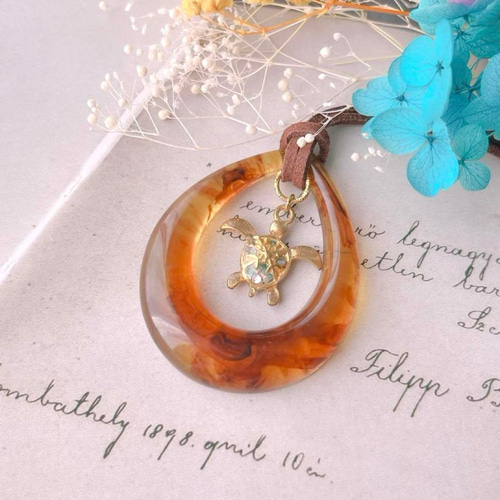 No.1606】UVレジン ターコイズグリーン 天然石 海亀 ネックレス