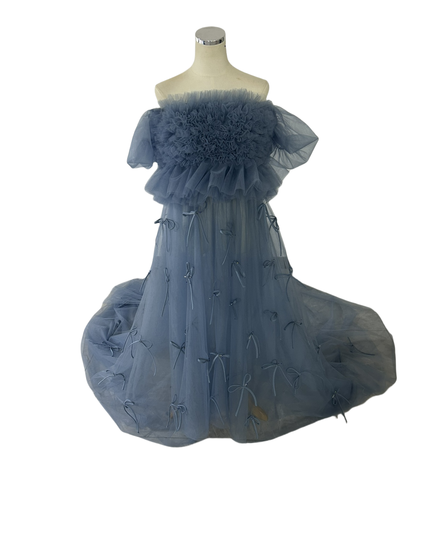 オーバードレス パフスリーブ リボン ブルーグレー ファスナー もこもこドレス 可愛い 披露宴/結婚式