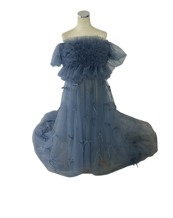 オーバードレス パフスリーブ リボン ブルーグレー ファスナー  