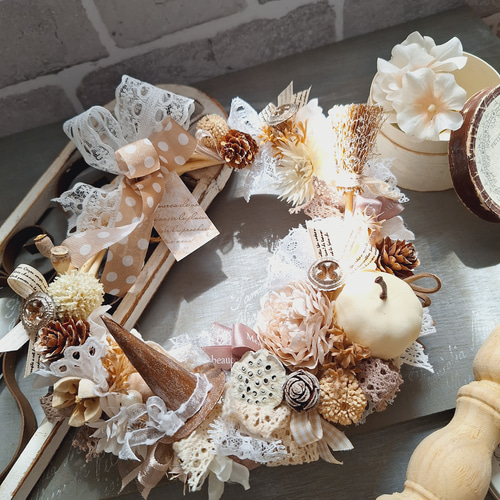 21〕布リース ナチュラルリース アンティーク風 (くすみピンク)