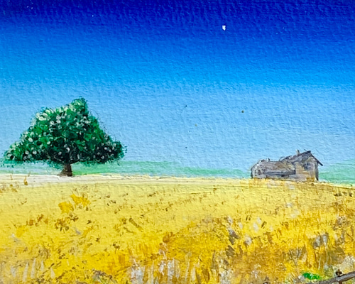 手描き ミニアート 麦畑風景画 風車と小麦畑を持つ田舎の夏の風景。ベクターイラスト。」のベクター