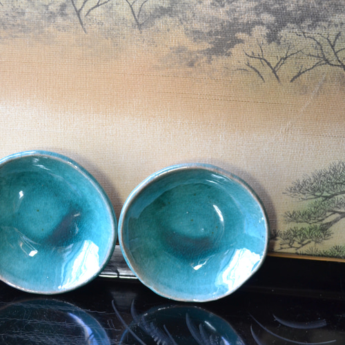 新着！】豆皿2枚セット(ターコイズ) 醤油皿 薬味皿 お皿 ☆萩焼 陶器