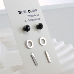 3点セット シンプルに輝く！オニキス＆ステンレス つけっぱなし ミニピアス バーピアス アレルギー対応 天然石 シルバー 1枚目の画像