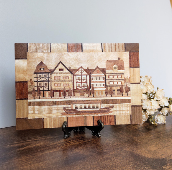 MADE OF WOOD] 木の絵画 木象嵌 木組みの家 はがきサイズ イーゼル付き