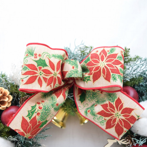 «823»◤完売◢早割りクリスマスリース*ゴールドリボン*華やかな可愛いリース 早割クリスマス2024/ベルが鳴る！！大きなリボンのクリスマス