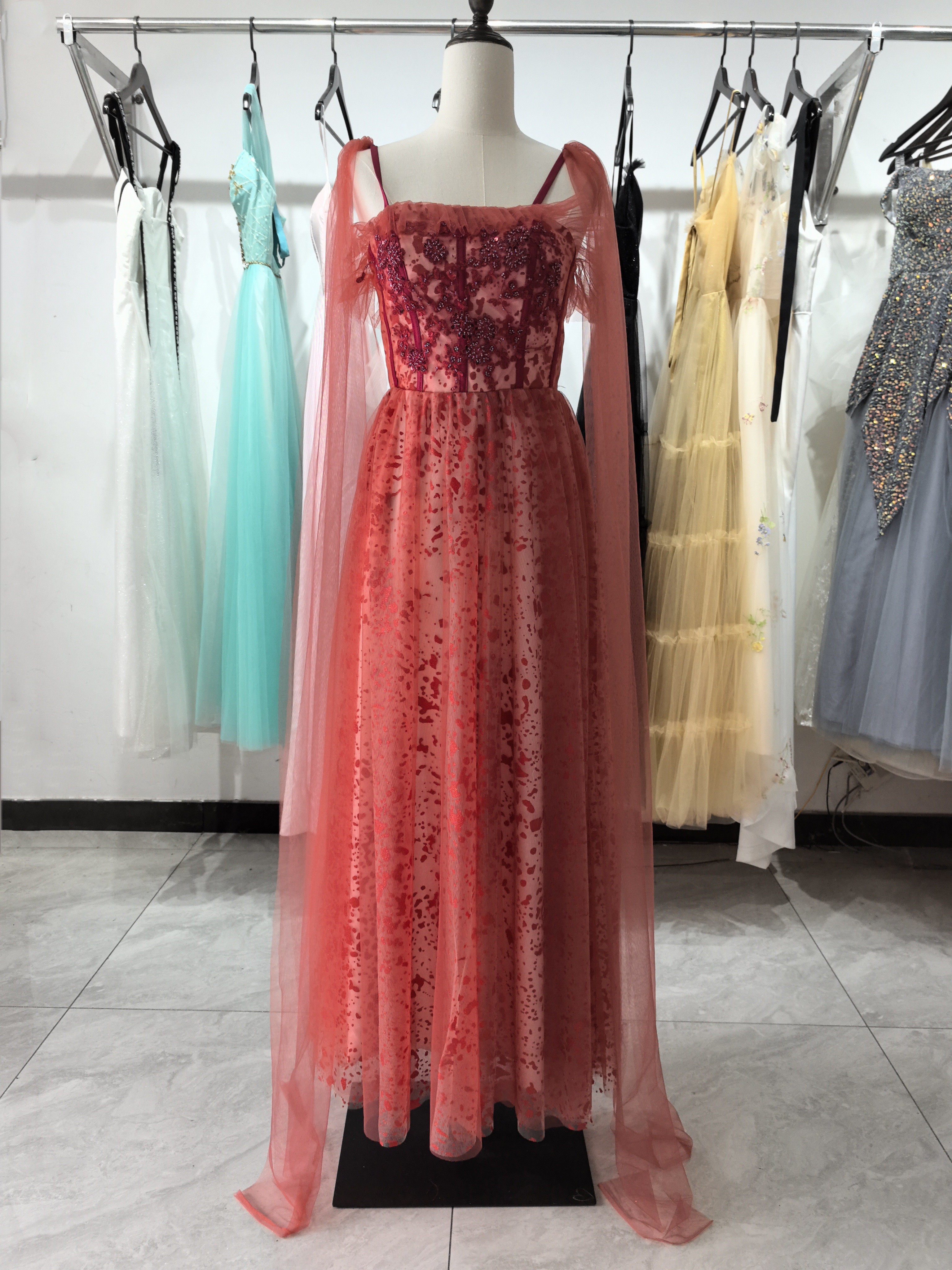 シアーな美しさ  キャミソール オレンジ  キラキラカラードレス ソフトチュール ふんわり長袖 /花嫁合コン/D01