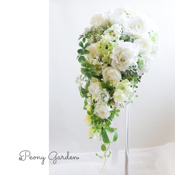 【ブーケトニア付き】ナチュラル花束 ホワイトグリーン♡アーティフィシャルフラワー ブーケトニア付き】ナチュラル花束 ホワイトグリーン♡アーティ