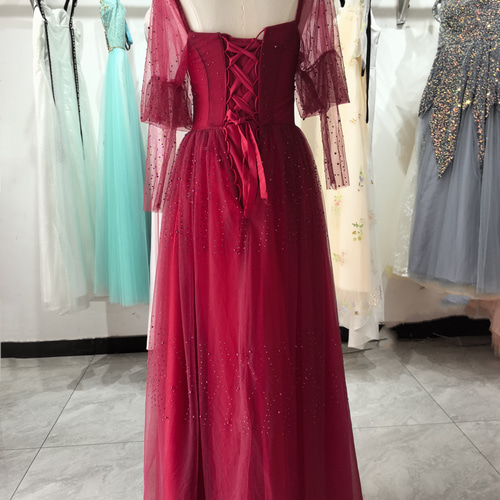 ワインレッド カラードレス エレガント ソフトチュール 細見え  