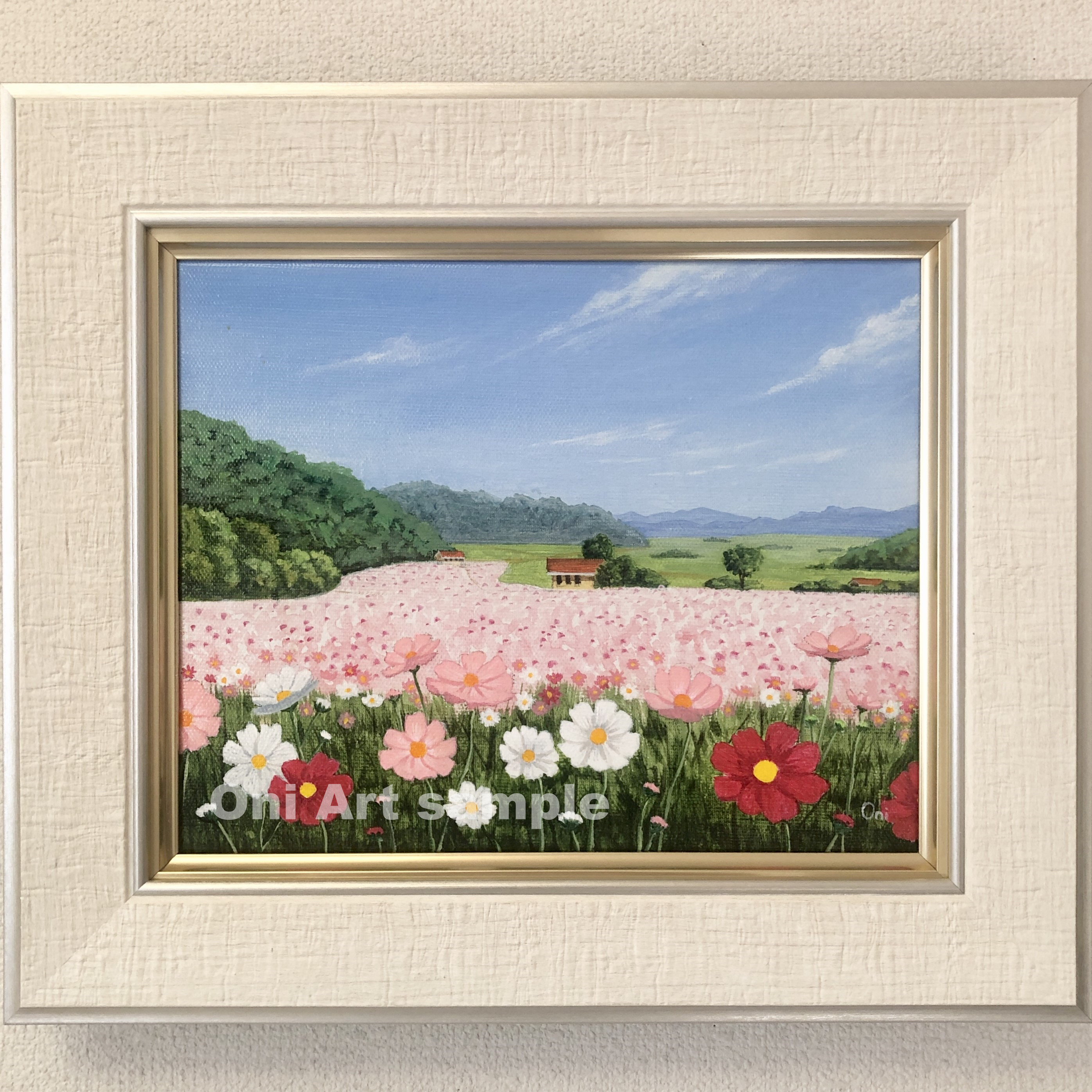 アクリル画　原画　「三春滝桜」額縁付　SMサイズ　風景画