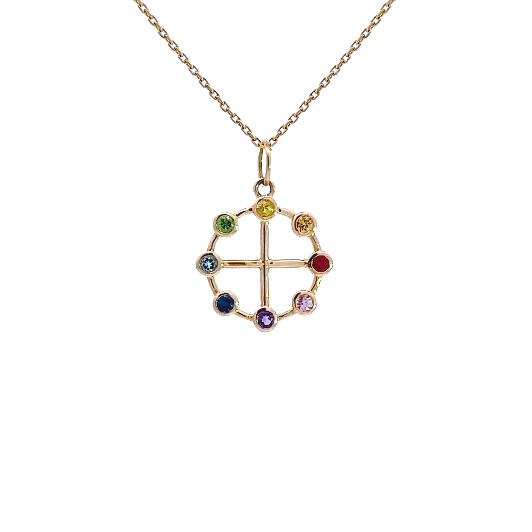 【受注制作】K10YG 13㎜ ヤタノカガミ チャクラカラー ペンダントトップ（カラフル）