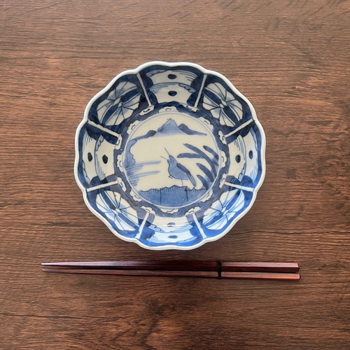 江戸幕末期】伊万里染付 花鳥膾皿 2枚組／手描き／コバルト呉須