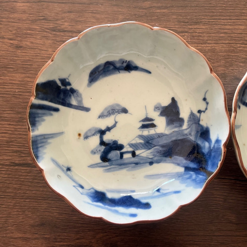 伊万里染付山水膾皿 2枚組 鉄釉縁取り 手描き山水図 国内残留品 お椀
