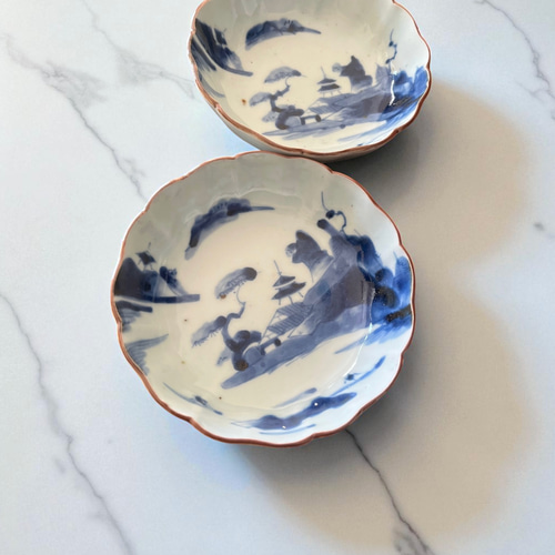 伊万里染付山水膾皿 2枚組 鉄釉縁取り 手描き山水図 国内残留品 お椀