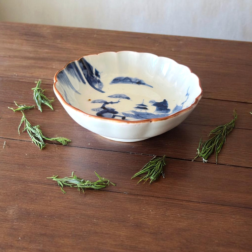 伊万里染付山水膾皿 2枚組 鉄釉縁取り 手描き山水図 国内残留品 お椀