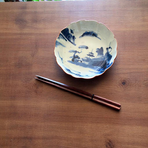 伊万里染付山水膾皿 2枚組 鉄釉縁取り 手描き山水図 国内残留品 お椀