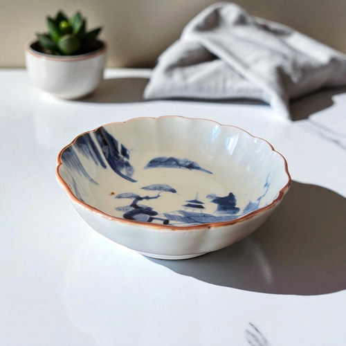 伊万里染付山水膾皿 2枚組 鉄釉縁取り 手描き山水図 国内残留品 お椀