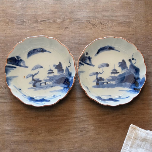 伊万里染付山水膾皿 2枚組 鉄釉縁取り 手描き山水図 国内残留品 お椀