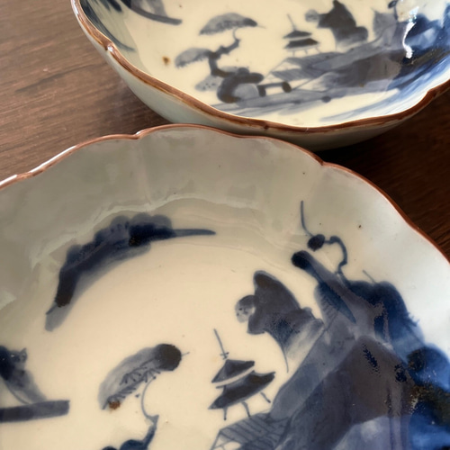 伊万里染付山水膾皿 2枚組 鉄釉縁取り 手描き山水図 国内残留品 お椀