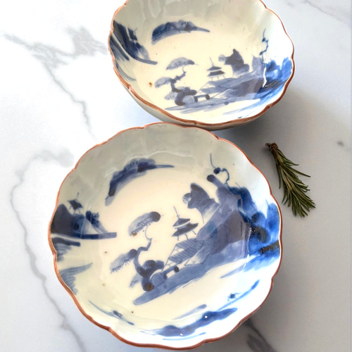 伊万里染付山水膾皿 2枚組 鉄釉縁取り 手描き山水図 国内残留品 お椀