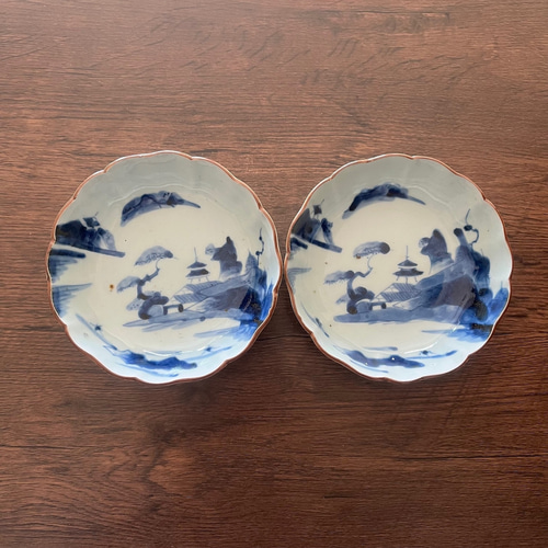 伊万里染付山水膾皿 2枚組 鉄釉縁取り 手描き山水図 国内残留品 お椀