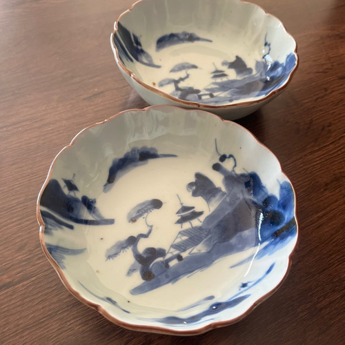 伊万里染付山水膾皿 2枚組 鉄釉縁取り 手描き山水図 国内残留品 お椀