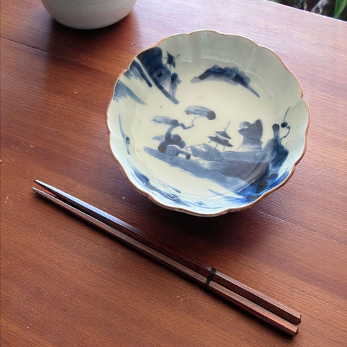 伊万里染付山水膾皿 2枚組 鉄釉縁取り 手描き山水図 国内残留品 お椀