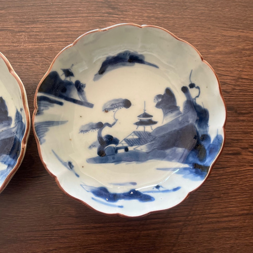伊万里染付山水膾皿 2枚組 鉄釉縁取り 手描き山水図 国内残留品 お椀