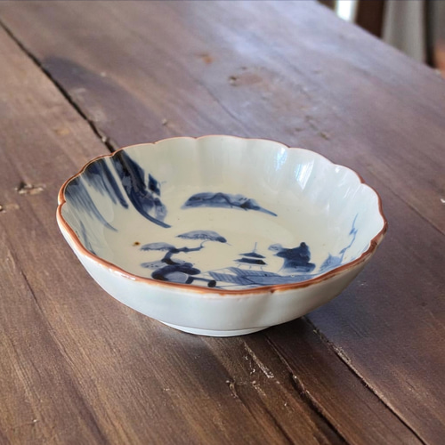 伊万里染付山水膾皿 2枚組 鉄釉縁取り 手描き山水図 国内残留品 お椀