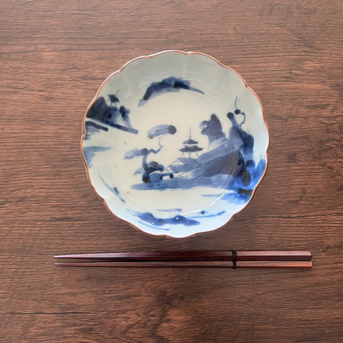 伊万里染付山水膾皿 2枚組 鉄釉縁取り 手描き山水図 国内残留品 お椀