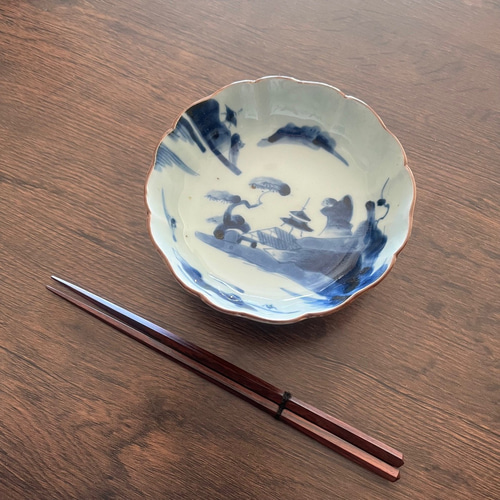 伊万里染付山水膾皿 2枚組 鉄釉縁取り 手描き山水図 国内残留品 お椀