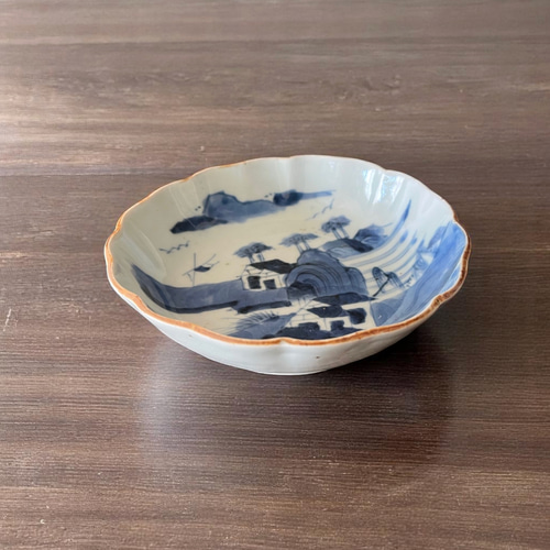 伊万里染付山水膾皿2枚組 鉄釉縁取り 手描き風景 国内残留品
