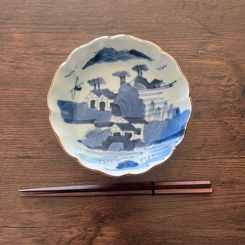 伊万里染付山水膾皿2枚組 鉄釉縁取り 手描き風景 国内残留品 お椀