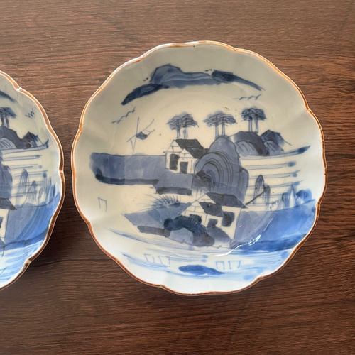 伊万里染付山水膾皿2枚組 鉄釉縁取り 手描き風景 国内残留品 お椀
