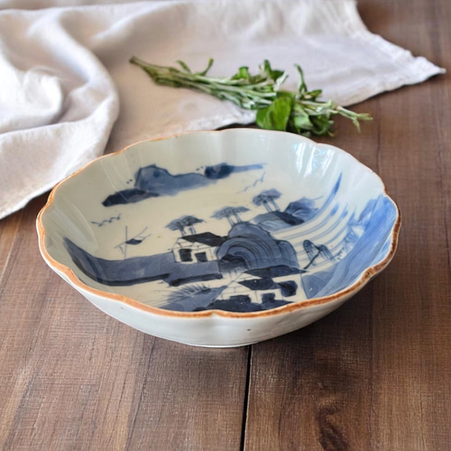 伊万里染付山水膾皿2枚組 鉄釉縁取り 手描き風景 国内残留品 お椀