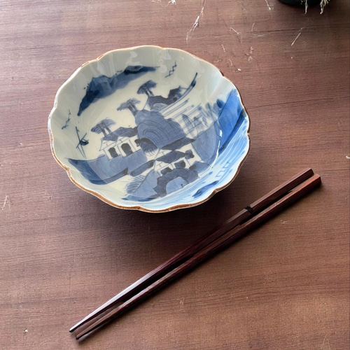 伊万里染付山水膾皿2枚組 鉄釉縁取り 手描き風景 国内残留品