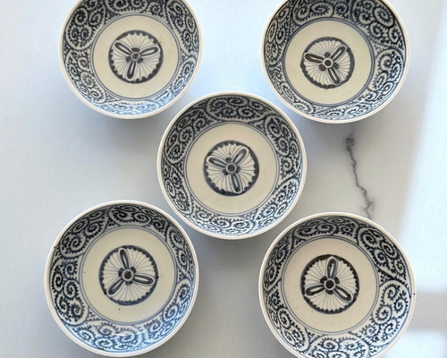 古伊万里染付蛸唐草紋様膾皿5枚組 角福印／無傷完品 お椀・ボウル・鉢