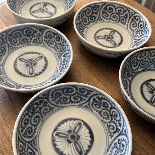 古伊万里染付蛸唐草紋様膾皿5枚組 角福印／無傷完品 お椀・ボウル・鉢