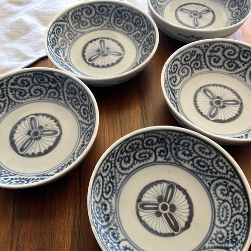 古伊万里染付蛸唐草紋様膾皿5枚組 角福印／無傷完品 お椀・ボウル・鉢