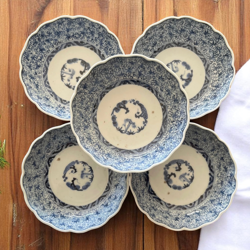 伊万里染付微塵花唐草紋様成化年製なます皿 5枚組 お椀・ボウル