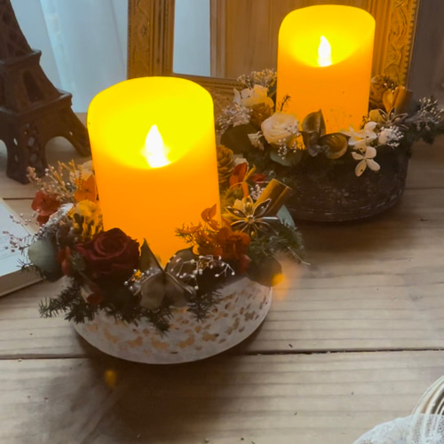 クリスマスキャンドルフラワーアレンジ♡ベルベットローズのフラワーアレンジメント クリスマスフラワーキャンドルアレンジ♡ベルベットローズの