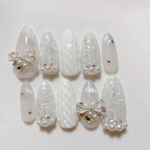 サイズオーダー ネイルチップ 水色ツイード ニットネイル マグフレンチ  