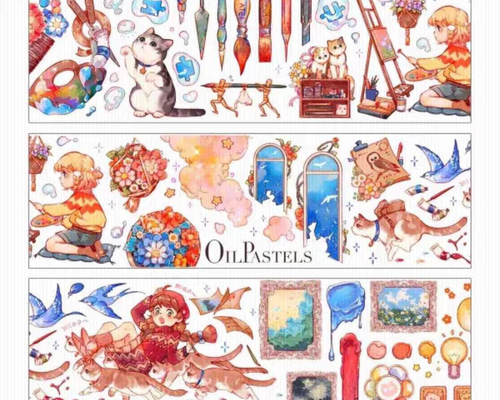 lu 新作 kawaii PETテープ 5種 マステ シール SALE⭐︎7×100cm 猫と絵描きPETテープ 海外シール 女の子 猫