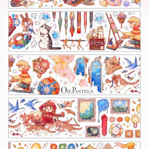 du 新作 kawaii PETテープ 5種 マステ シール SALE⭐︎7×100cm 猫と絵描きPETテープ 海外シール 女の子 猫