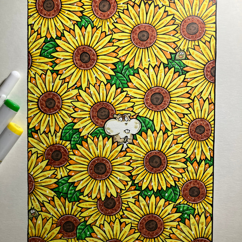 【太陽に向かって】絵本の様な絵　アクリル絵画　アートの原画販売です(^^) 太陽の中】向日葵 原画 アート イラスト イラスト yoc 通販