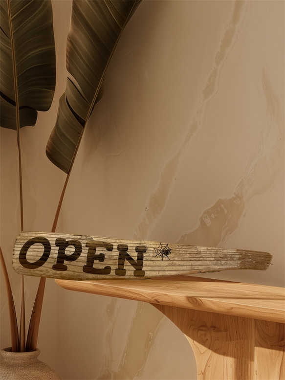 彫金画　トライ・ウッド OPEN」 ウッドボード 流木 レーザー彫刻 表札・ネームプレート