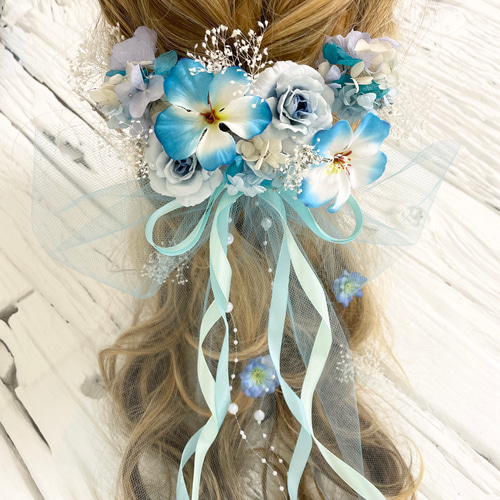 ブーケの様な髪飾り ハイビスカス 水色 ヘッドドレス（アクセサリー