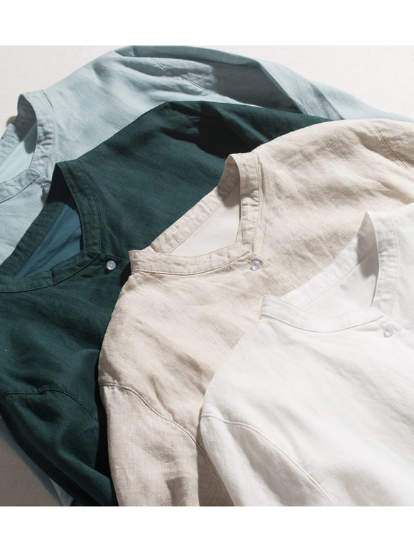 ◇【リネン100% バンドカラー エクリュ 】ミルキーボタン コットン裏地付き 長袖 ワンピース T-00083 3枚目の画像