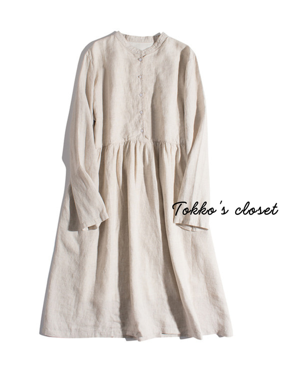 ◇【リネン100% バンドカラー エクリュ 】ミルキーボタン コットン裏地付き 長袖 ワンピース T-00083 1枚目の画像