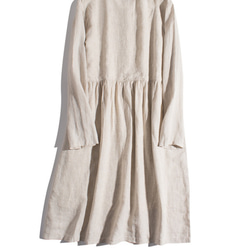 ◇【リネン100% バンドカラー エクリュ 】ミルキーボタン コットン裏地付き 長袖 ワンピース T-00083 2枚目の画像